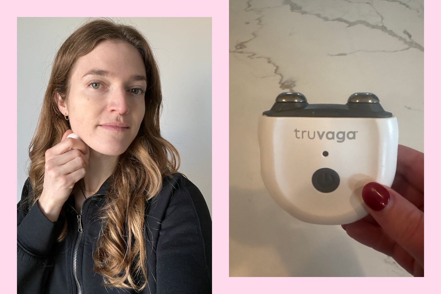 Kathleen Ferraro trying out the Truvaga Plus for stress relief.