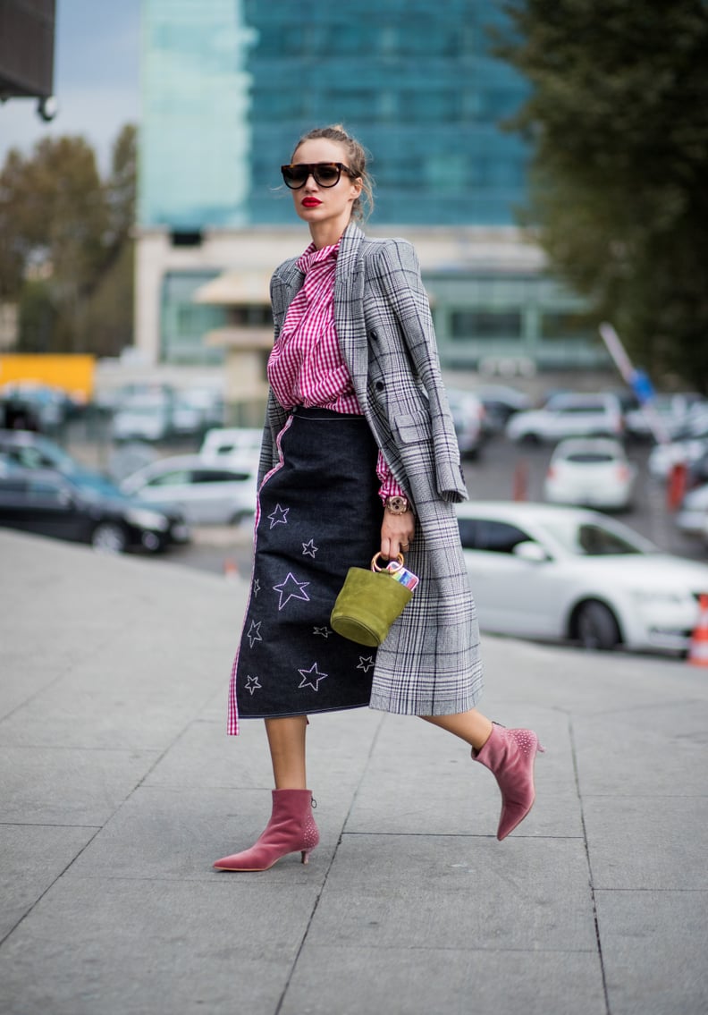 Style a Star-Print Skirt With a Plaid Coat