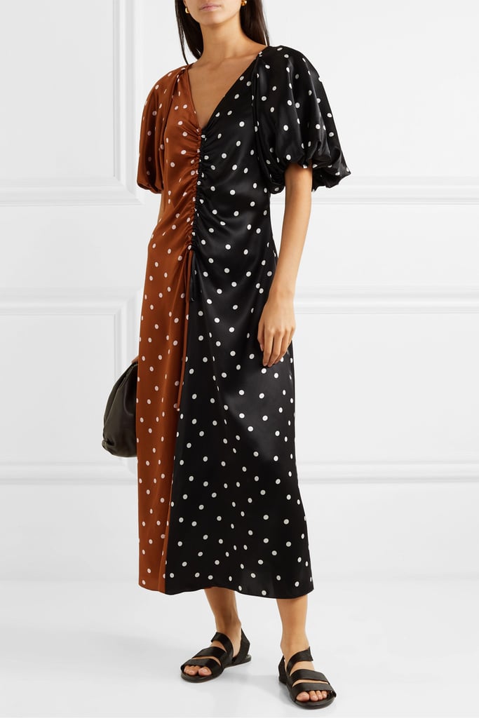 Lee Mathews Talulah Ruched Polka-Dot Silk-Satin Midi Dress