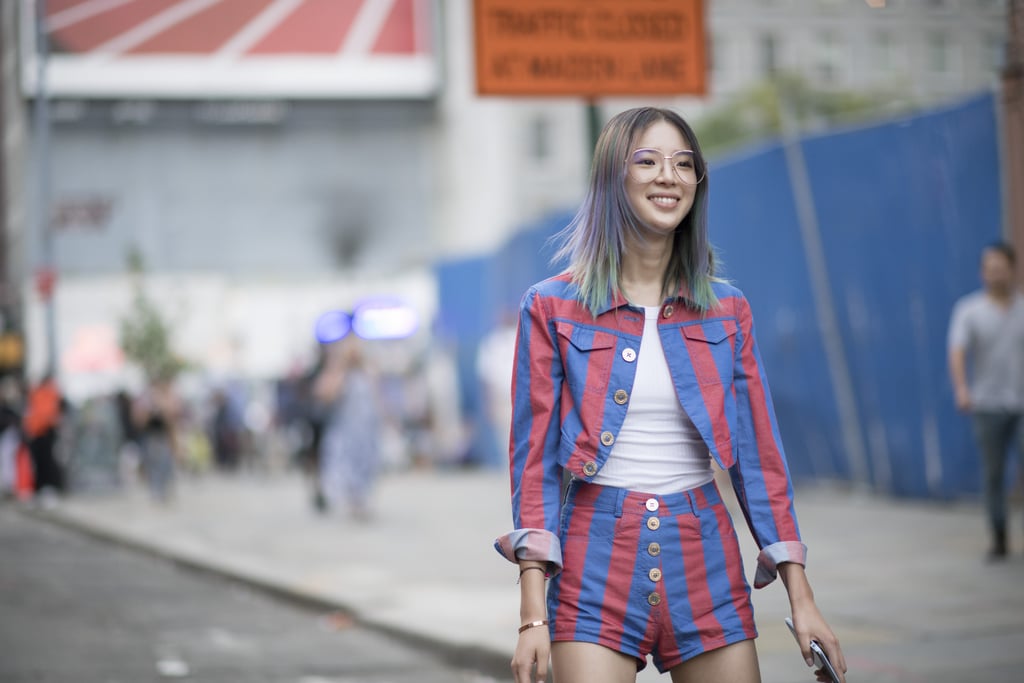 Blogger Irene Kim made the case for wearing rainbow hair with a colorful outfit.