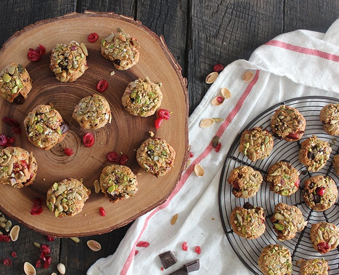 Pistachio-Crusted Chewy Chocolate Chip Cranberry Cookies
