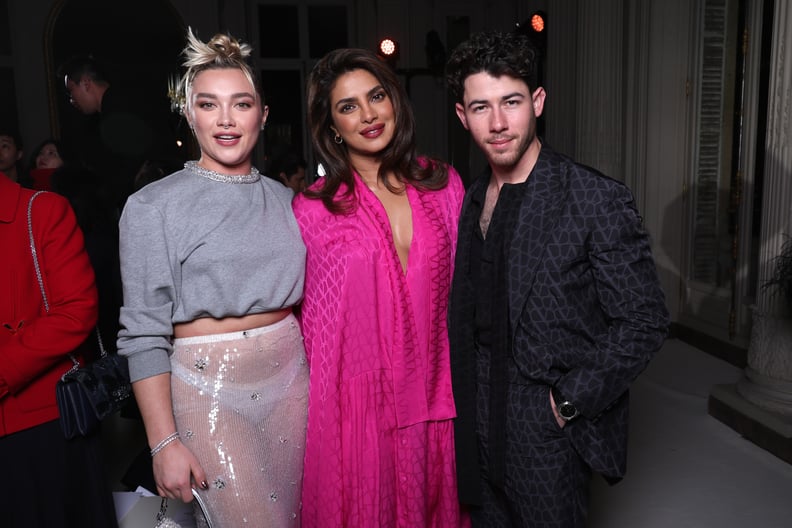 Florence Pugh, Priyanka Chopra, and Nick Jonas at the Valentino AW23 Show at Paris Fashion Week