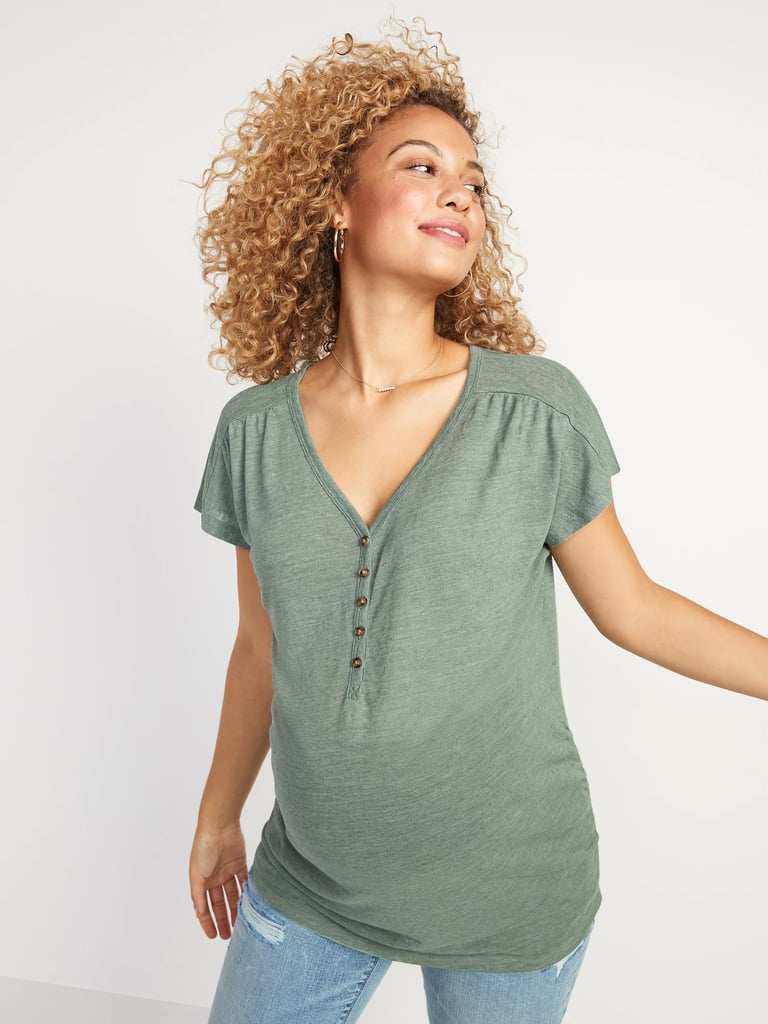 Old Navy Maternity V-Neck Linen-Blend Side-Shirred Henley Tee