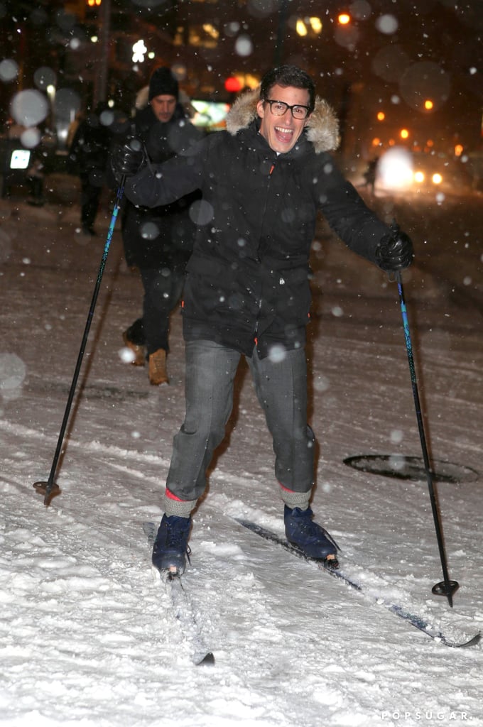 In an effort to make it to his Late Show With David Letterman appearance on time, Andy Samberg skied his way down Broadway in NYC.