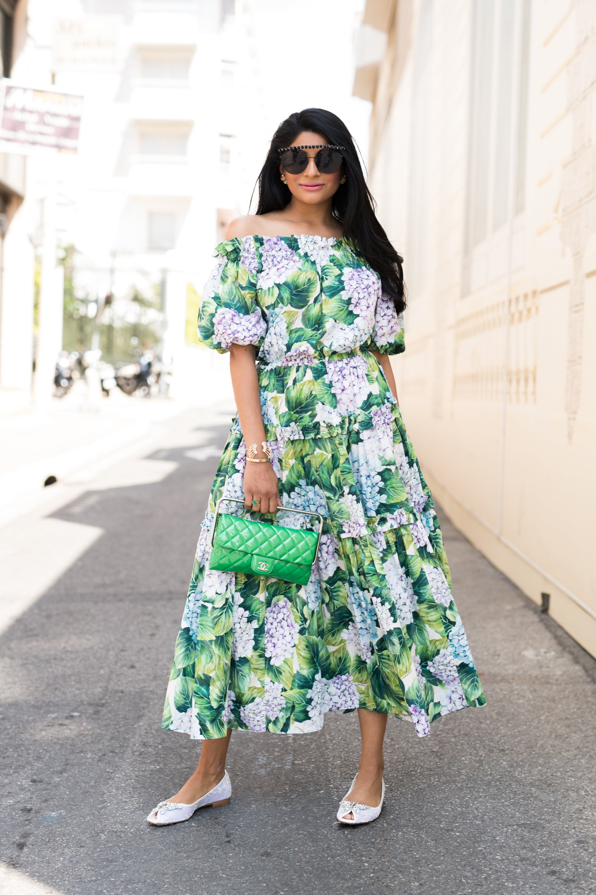 Wear a Floral Off the Shoulder Dress With a Colourful Purse and
