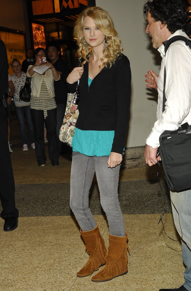 Way Back When, Taylor Wore Gray Denim Tucked Into Fringed Boots