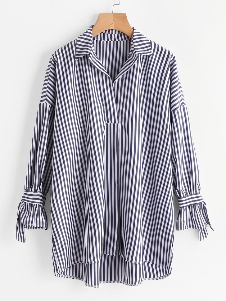 Romwe Contrast Stripe Tie-Detail Longline Blouse