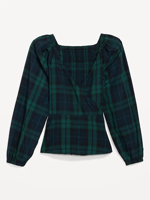 Old Navy Puff-Sleeve Plaid Smocked Seersucker Wrap Blouse