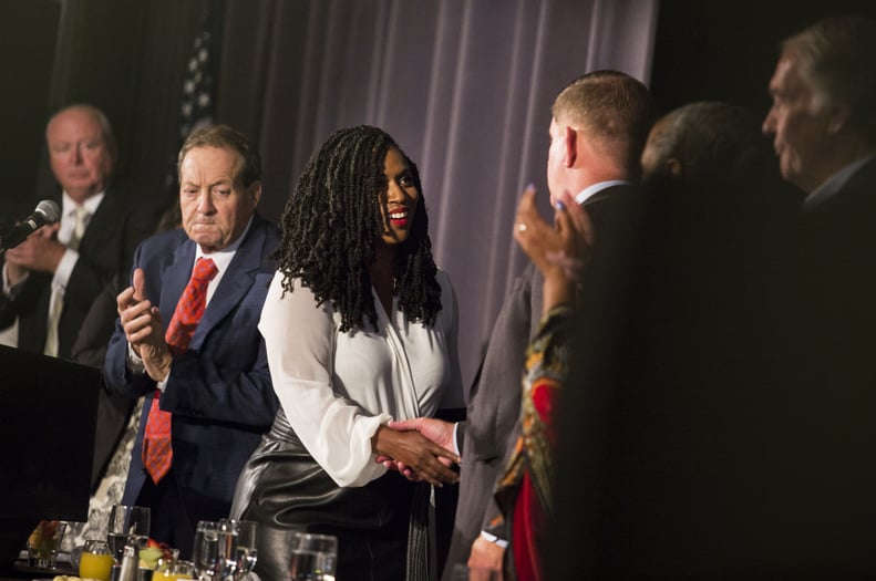 BOSTON, MA - SEPTEMBER 2: U.S. Representative Ayanna Pressley shakes hands with Boston Mayor Martin J. Walsh at the Annual Greater Boston Labor Council Breakfast in Boston on Sep. 2, 2019. Over 600 union leaders, activists and elected officials were in at