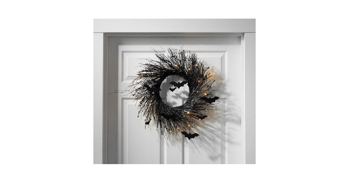 PreLit Black Glitter Branch Wreath With Bats Best Pottery Barn