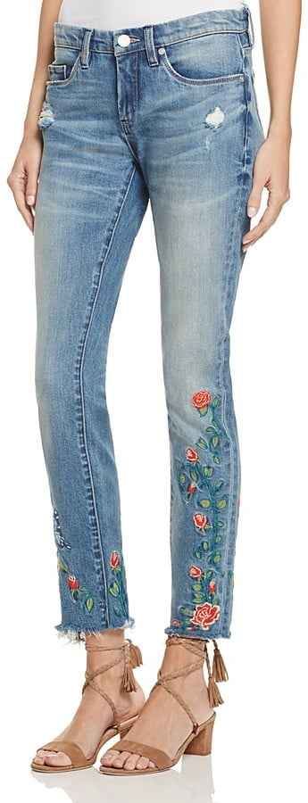 You can embroider florals on any side of a pants leg and it'll look good. We'd wear this Blank NYC option ($108) with lace-up block heels.