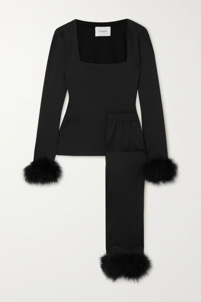 Sleeper Black The Weekend Chic Feather Trimmed Jersey Pajama Set