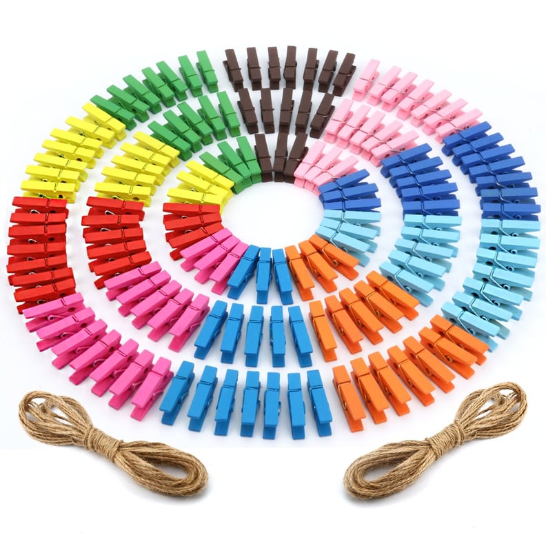 Multicolored Wooden Clothespins and Twine (150 Pieces)