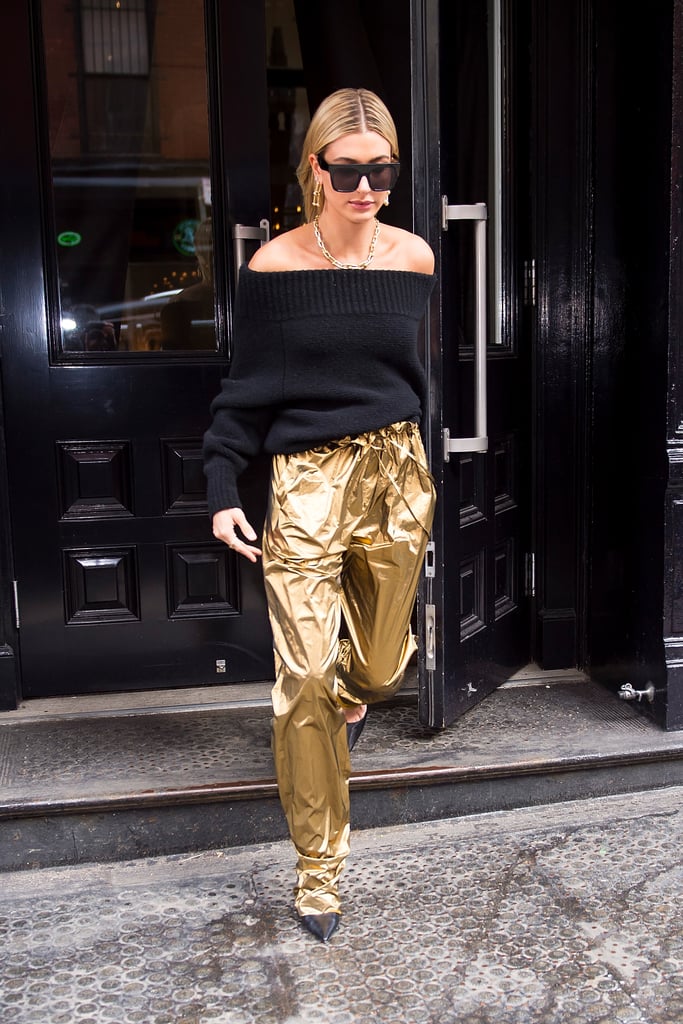 Hailey's Sally LaPointe lamé trousers were a step ahead of the trends on the streets of New York in February. She worked them with a pair of Jimmy Choo pumps and Tiffany & Co. jewels.