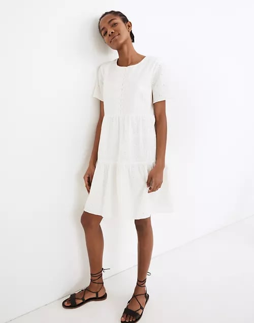 Embroidered Eyelet Button-Front Tiered Mini Dress