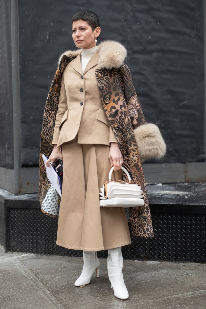 Style Your Leopard-Print Coat With: A Camel Suit and White Accessories ...