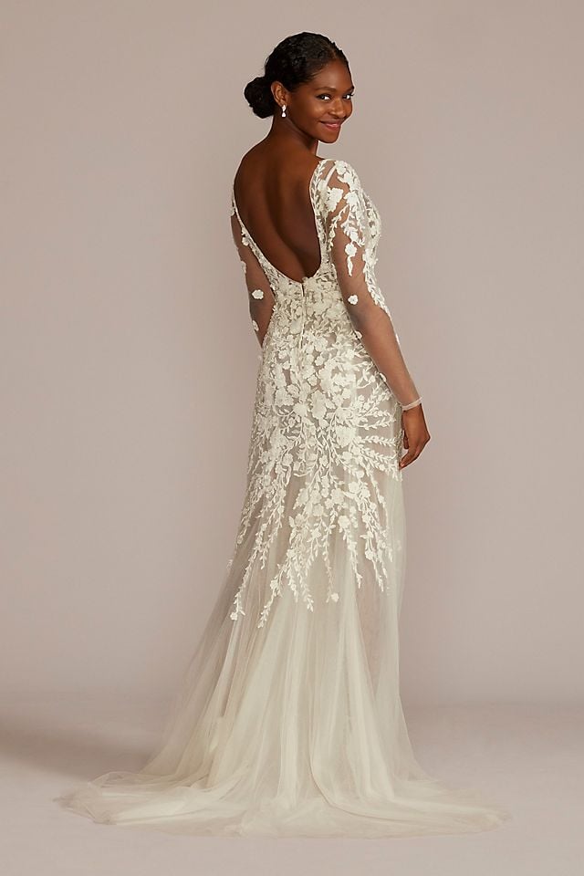Boho Wedding Dress Idea: David's Bridal Embroidered Floral Illusion Bodysuit Wedding Dress