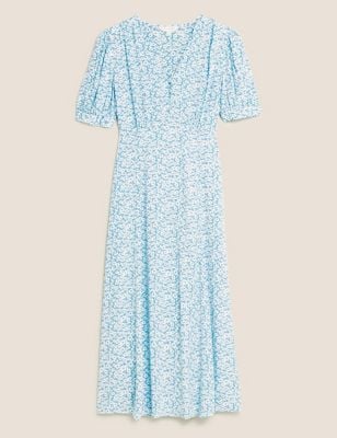 M&S X Ghost Floral V-Neck Puff Sleeve Midi Tea Dress