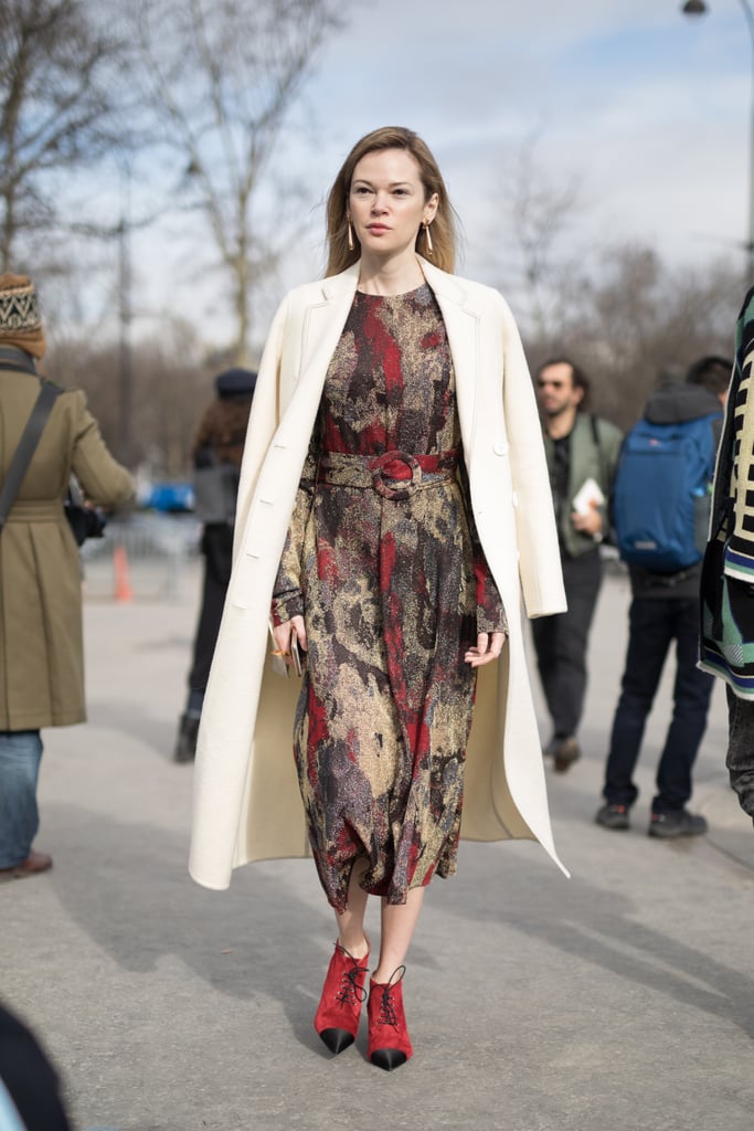 Style a Romantic Dress With a Crisp White Coat