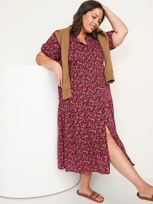 A Floral Fall Dress: Old Navy Floral Puff-Sleeve Button-Front Midi Swing Dress