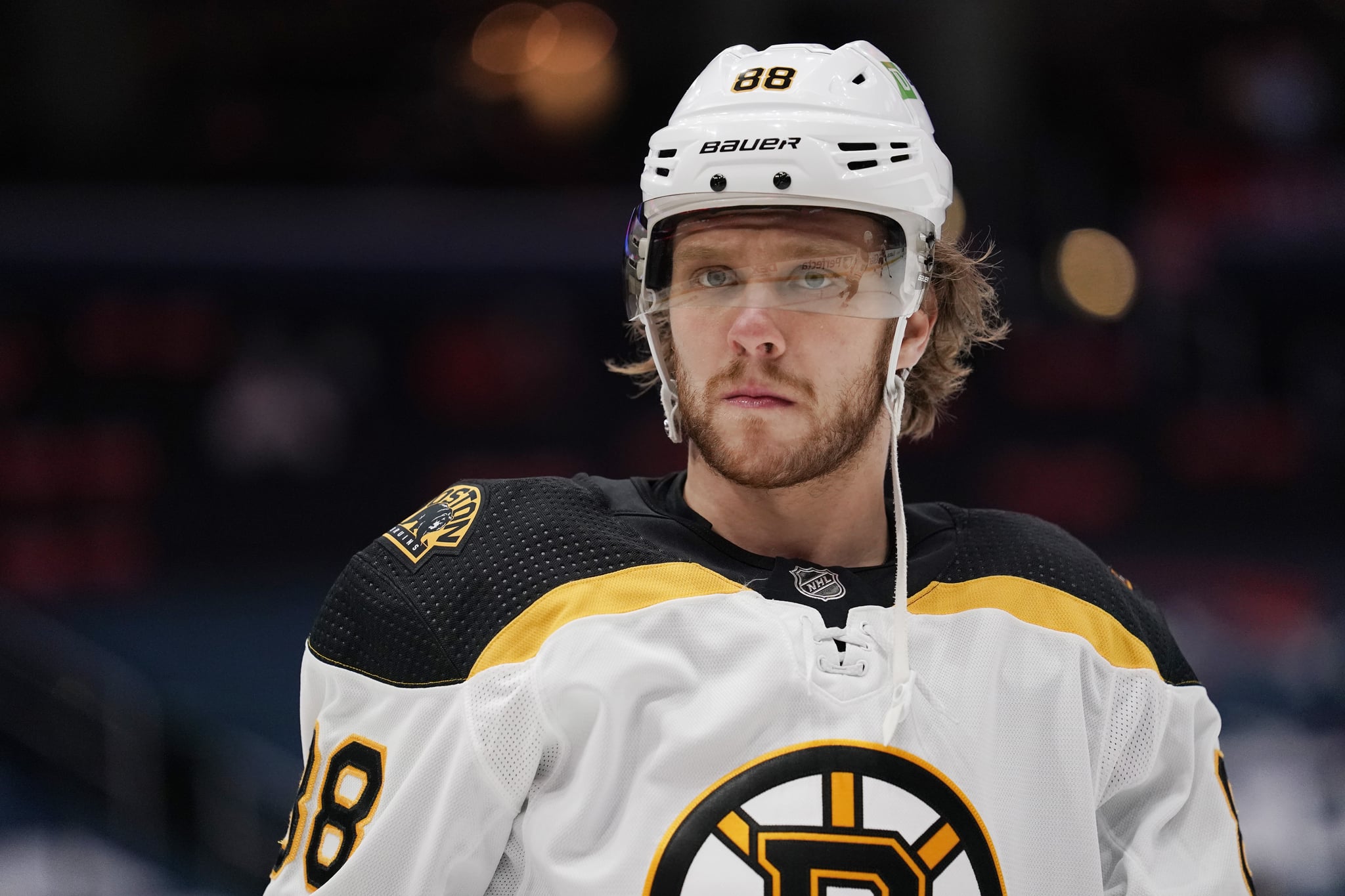 WASHINGTON, DC - MAY 17: David Pastrnak #88 of the Boston Bruins warms up before playing against the Washington Capitals in Game Two of the First Round of the 2021 Stanley Cup Playoffs at Capital One Arena on May 17, 2021 in Washington, DC. (Photo by Patrick McDermott/NHLI via Getty Images)
