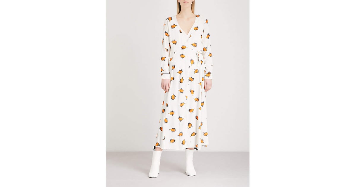 Ganni Roseburg Floral-Print Crepe Midi Dress | Emily Ratajkowski's Yellow Floral Dress 