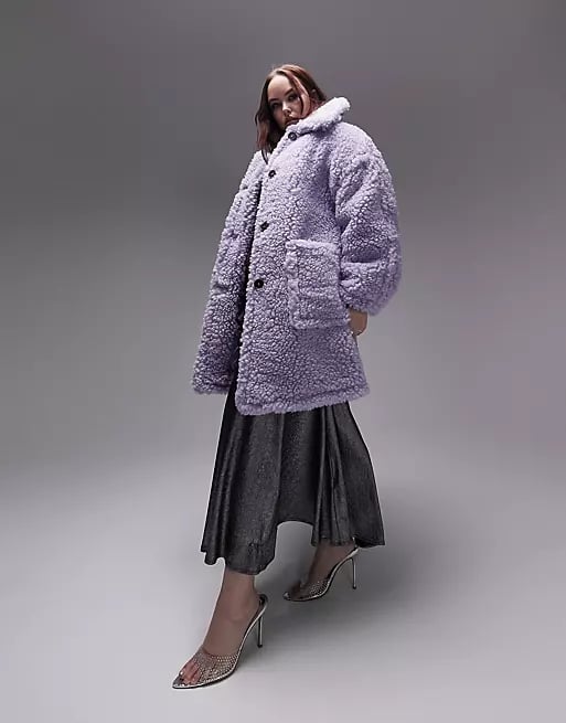 Topshop Curve Oversize Borg Coat in Lilac