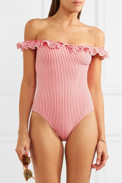 The SOLID & STRIPED off-the-shoulder ruffle-trimmed seersucker swimsuit ($175) finishes the trend with a ruffle.