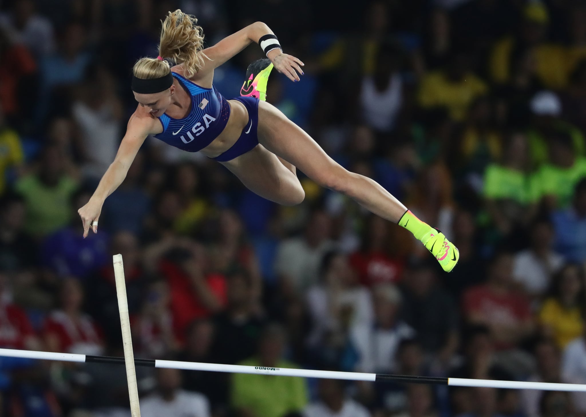 Sandi Morris of the USA competes in Women's Pole Vault Final of the Olympic Games 2016 Athletic, Track and Field events at Olympic Stadium during the Rio 2016 Olympic Games in Rio de Janeiro, Brazil, 19 August 2016. Photo: Michael Kappeler/dpa | usage worldwide   (Photo by Michael Kappeler/picture alliance via Getty Images)