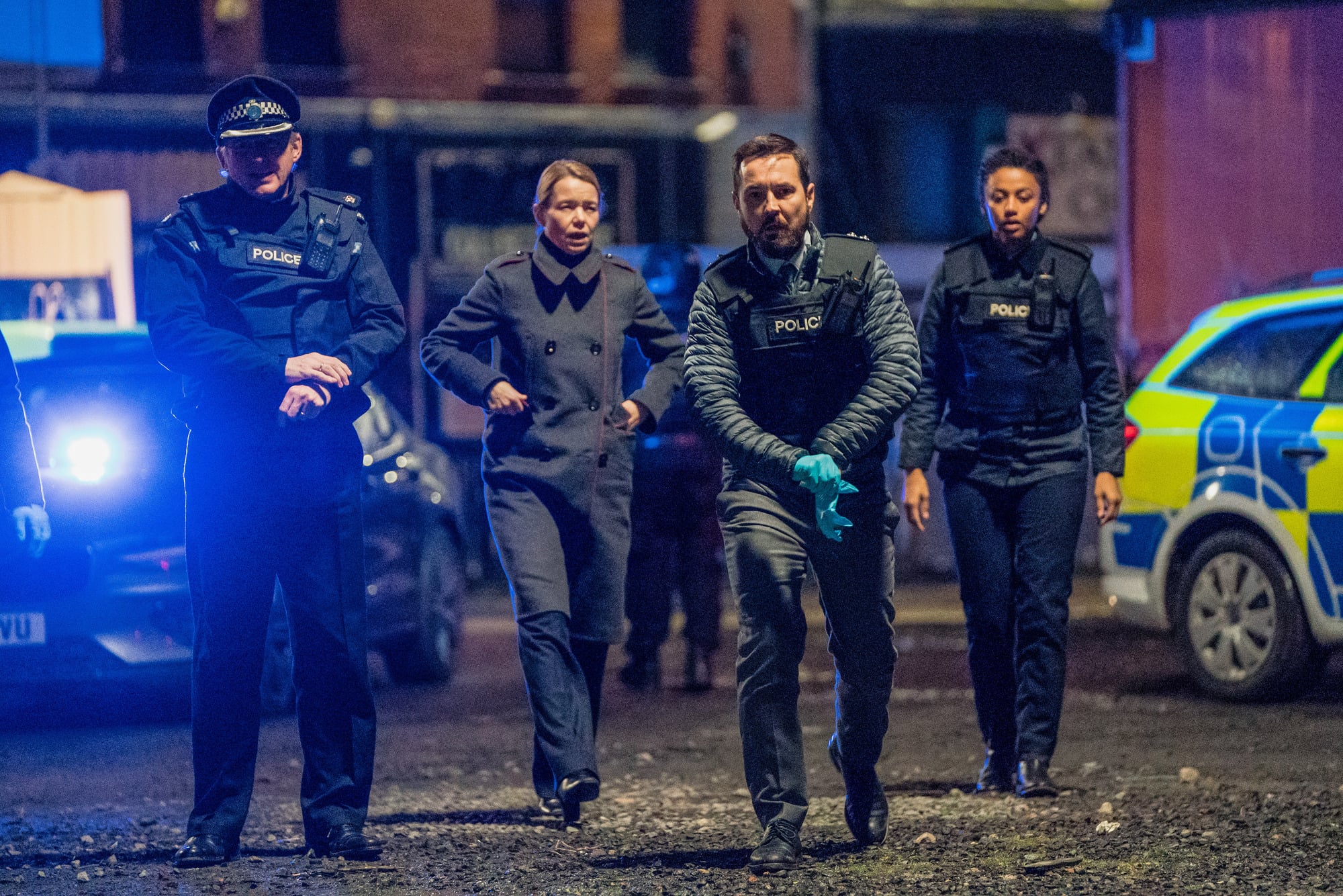 WARNING: Embargoed for publication until 00:00:01 on 20/04/2021 - Programme Name: Line of Duty S6 - TX: 25/04/2021 - Episode: Line Of Duty - Ep 6 (No. n/a) - Picture Shows: *NOT FOR PUBLICATION UNTIL 00:01HRS, TUESDAY 20TH APRIL, 2021* Superintendent Ted Hastings (ADRIAN DUNBAR), Carmichael (ANNA MAXWELL MARTIN), DI Steve Arnott (MARTIN COMPSTON), DC Chloe Bishop (SHALOM BRUNE-FRANKLIN) - (C) World Productions - Photographer: Steffan Hill
