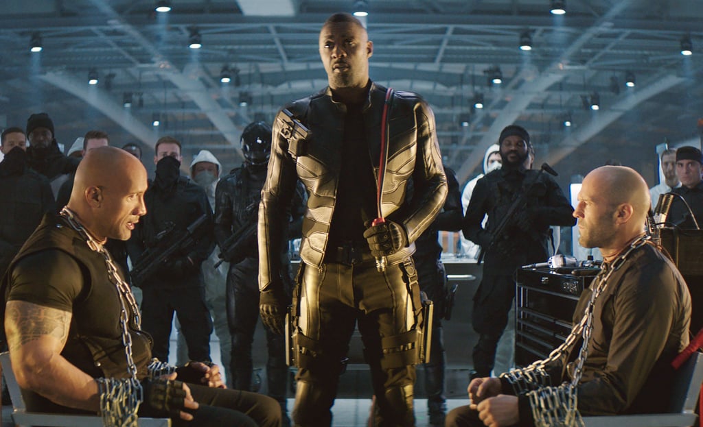 Dwayne Johnson, Idris Elba, and Jason Statham in Hobbs and Shaw.