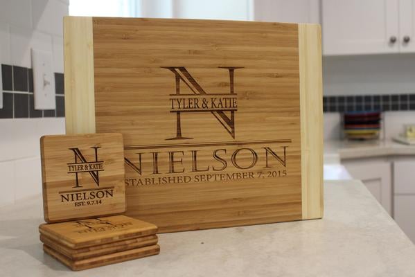 Personalized Bamboo Cutting Board and Set of Four Bamboo Coasters