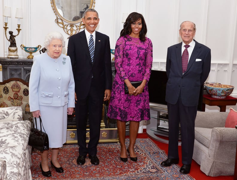 (L-R) Britain's Queen Elizabeth II, US President Barack Obama, US First Lady Michelle Obama and Prince Philip, Duke of Edinburgh, pose for a photograph in the Oak Room ahead of a private lunch at Windsor Castle in Windsor, southern England, on April, 22, 