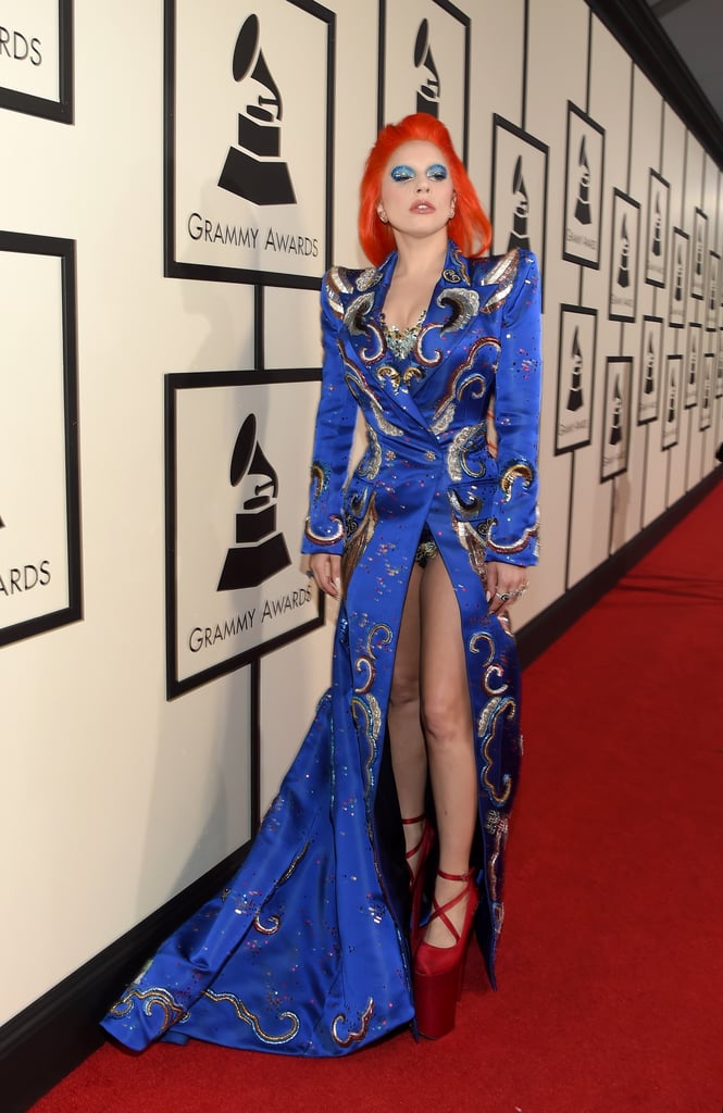 Attending the 2016 Grammys wearing a David Bowie-inspired dress from Marc Jacobs.