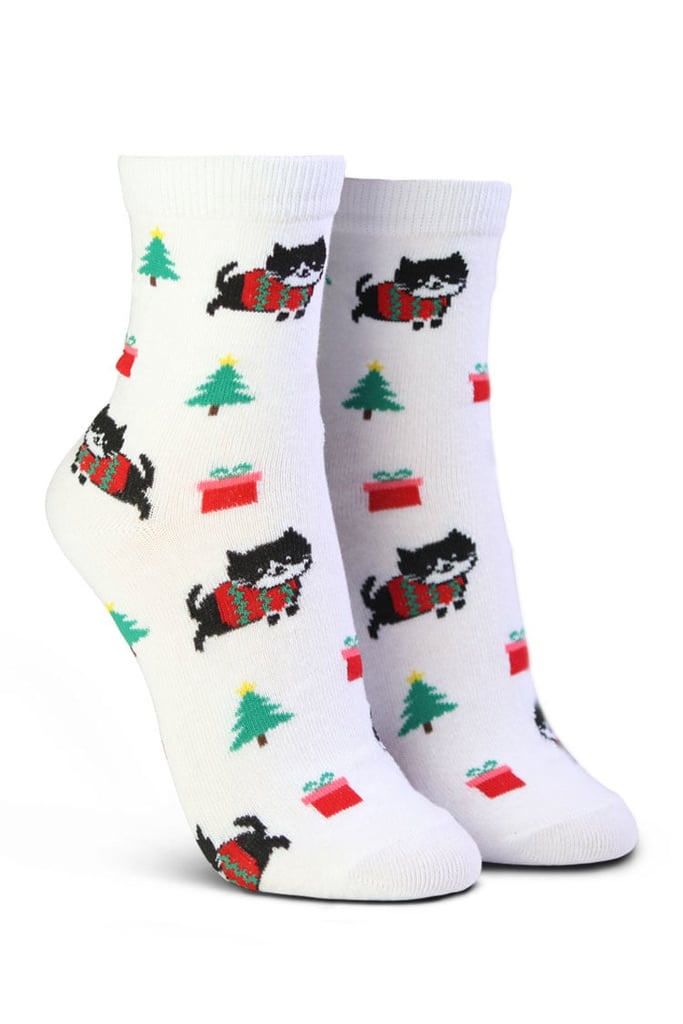 Christmas Tree & Cat Print Socks