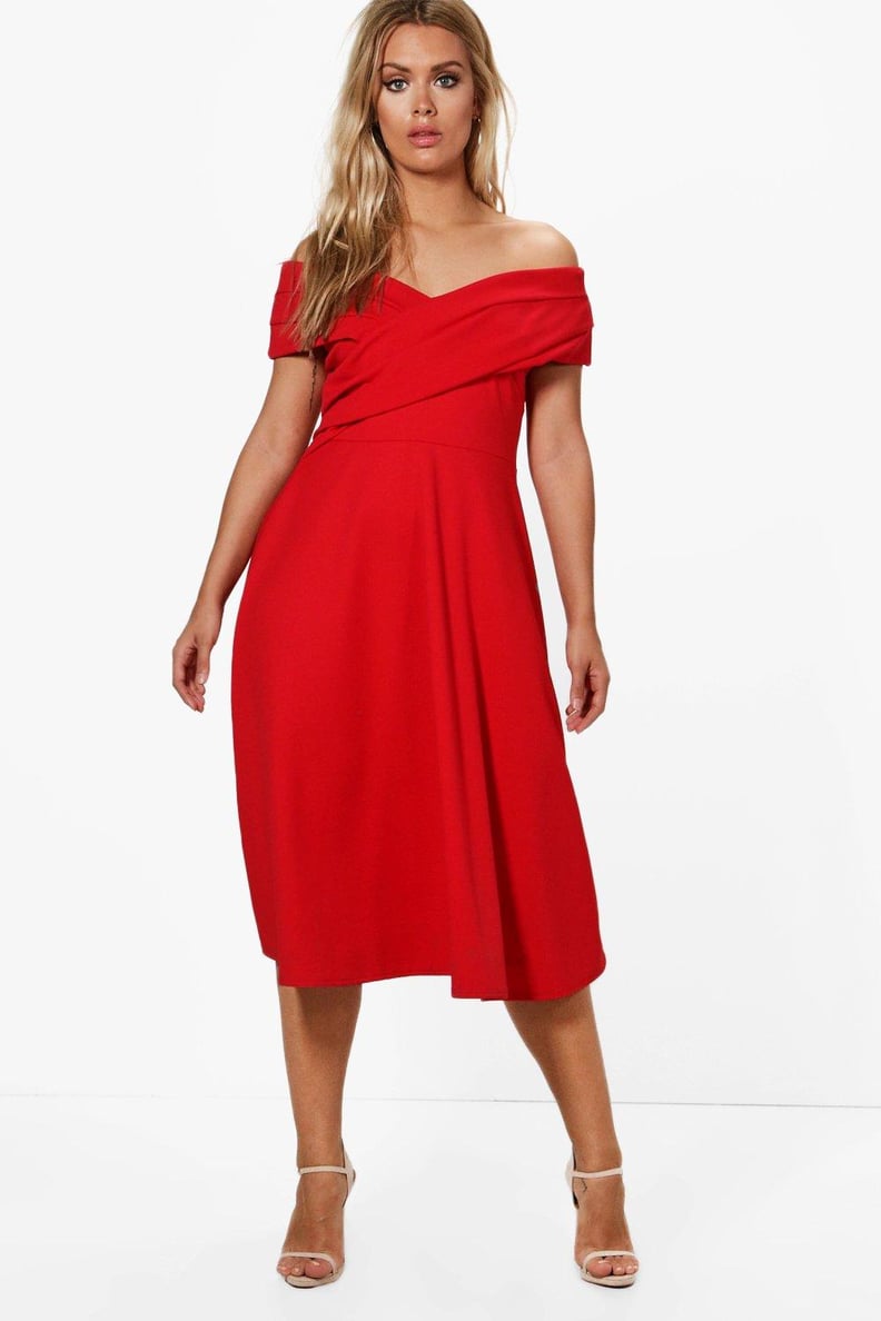 Boohoo Pleated Off-the-Shoulder Skater Dress
