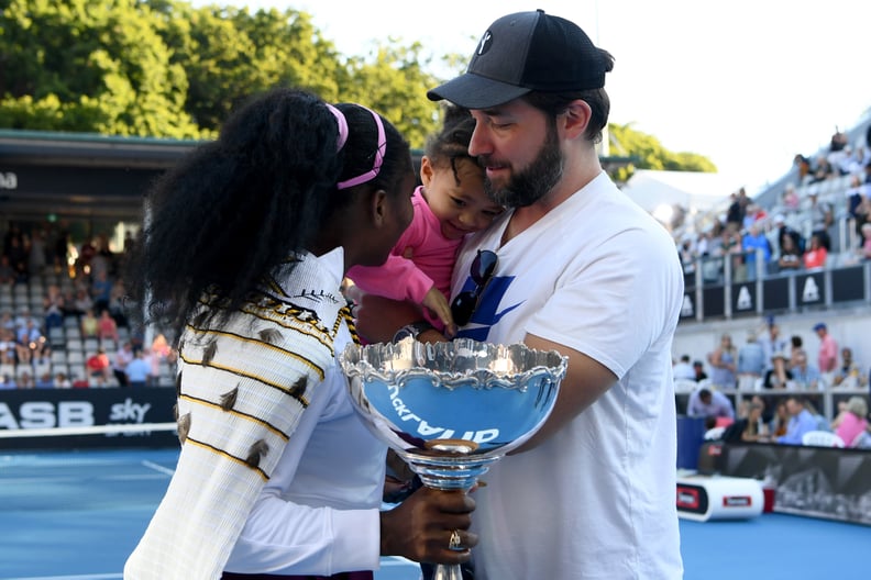 AUCKLAND, NEW ZEALAND - JANUARY 12: Alexis Olympia, daughter of Serena Williams and husband Alexis Ohanian congratulate Serena Williams after she won her final match against Jessica Pegula of USA at ASB Tennis Centre on January 12, 2020 in Auckland, New Z