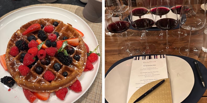 Side-by-side photos show a waffle with fruit and a wine tasting at Darioush