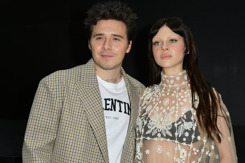 PARIS, FRANCE - OCTOBER 02: (EDITORIAL USE ONLY - For Non-Editorial use please seek approval from Fashion House) Brooklyn Beckham and Nicola Peltz Beckham attend the Valentino Womenswear Spring/Summer 2023 show as part of Paris Fashion Week  on October 02