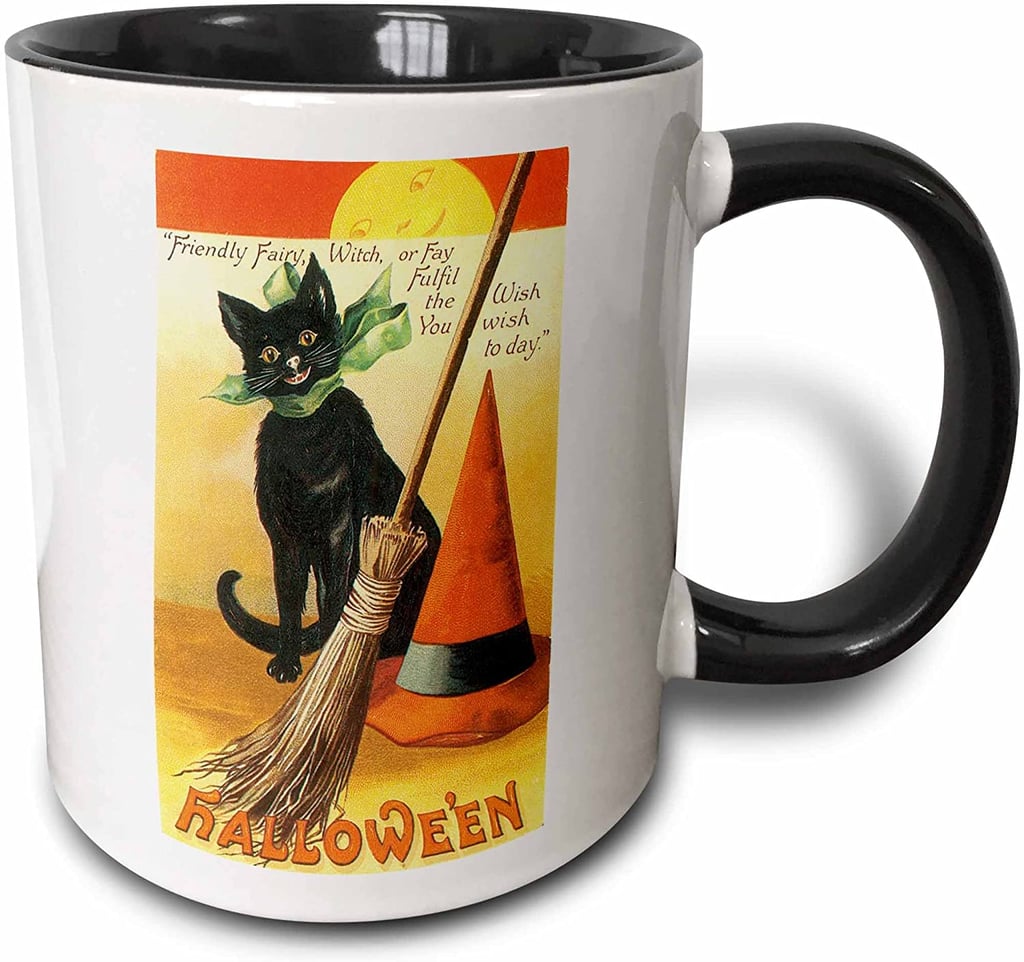 Vintage Halloween Black Cat Broom and Witch's Hat Mug