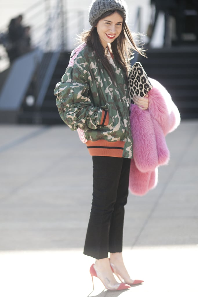 Camo print looked decidedly more glam with heels and a bright pink fur in tow.
Camo print looked decidedly more glam with heels and a bright pink fur in tow.
