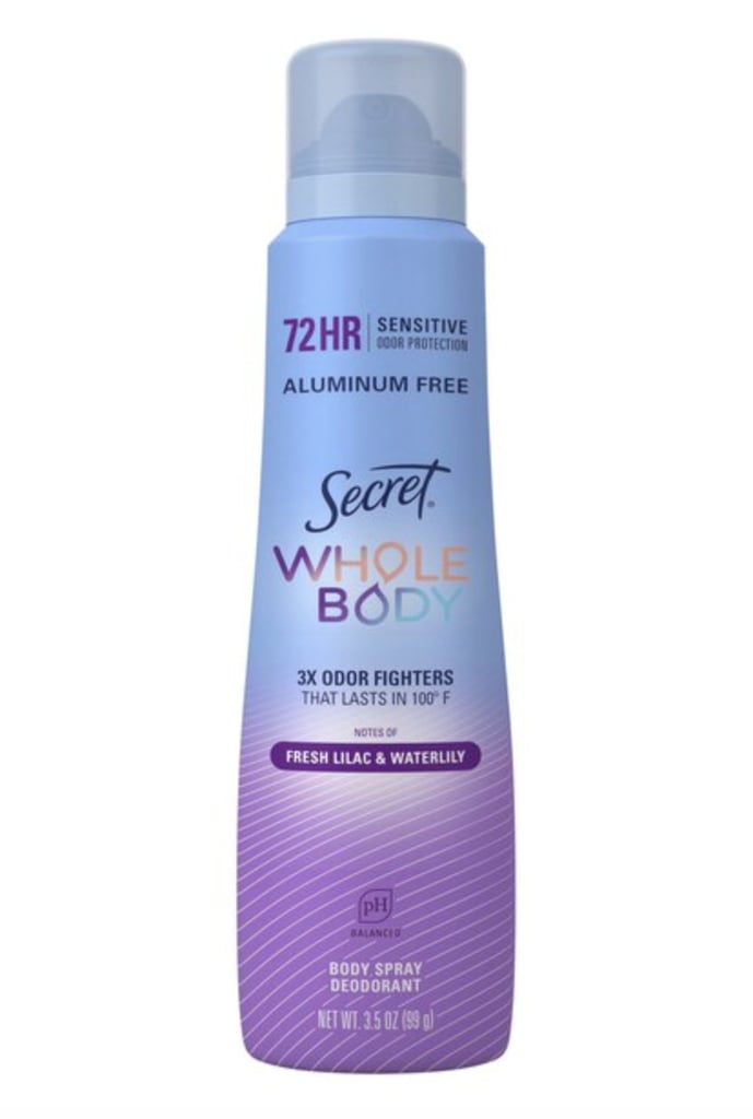 Secret Whole Body Deodorant Spray, Lilac & Waterlily ($16)
Stay fresh throughout the day with the Secret Whole Body Deodorant Spray. It can be used as a traditional deodorant under your arms, as well as the underboob area, feet, and more. It delivers odor protection where you need it most and promises 72-hour freshness.