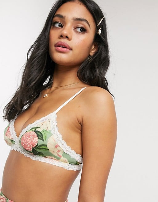 Monki Floral Print Sheer Bra in Green