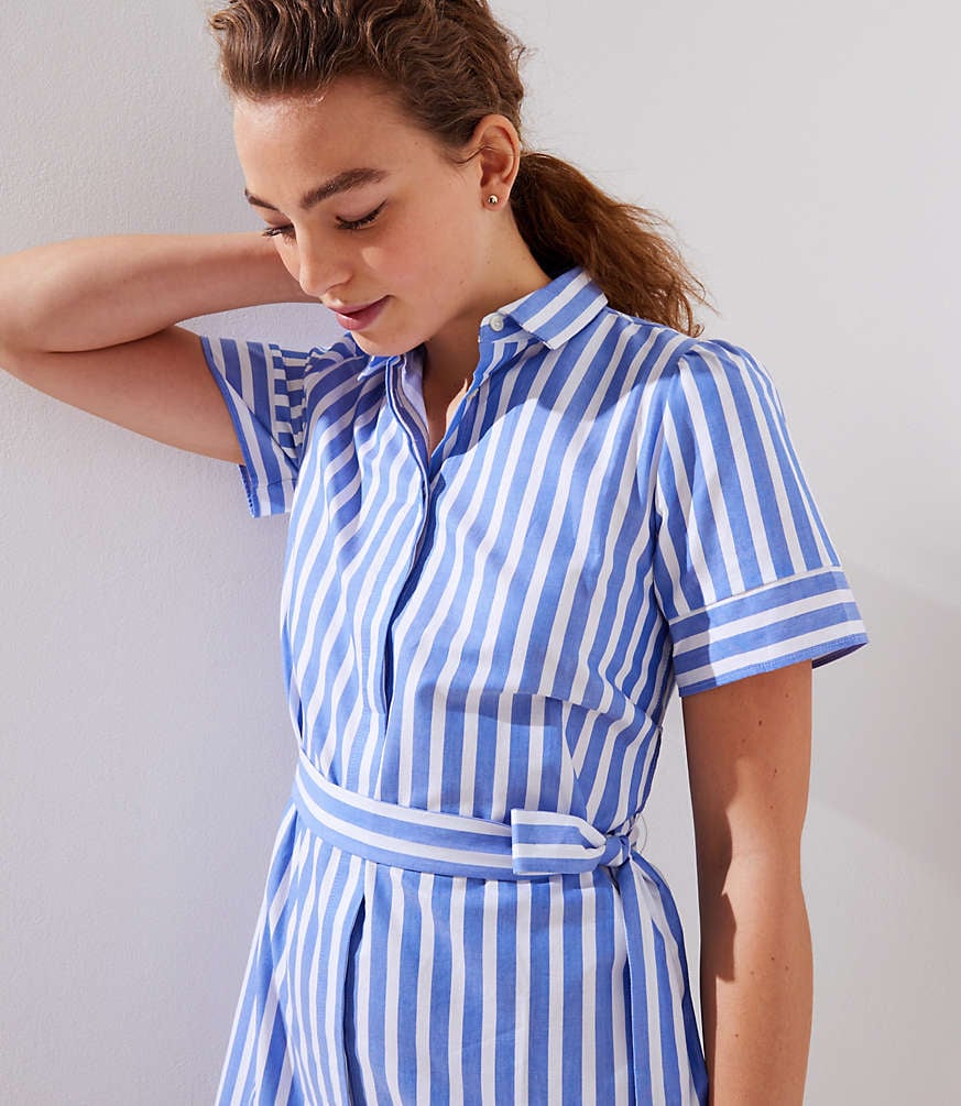 Blue White Striped Button Front Shirt Dress with Tie Waist