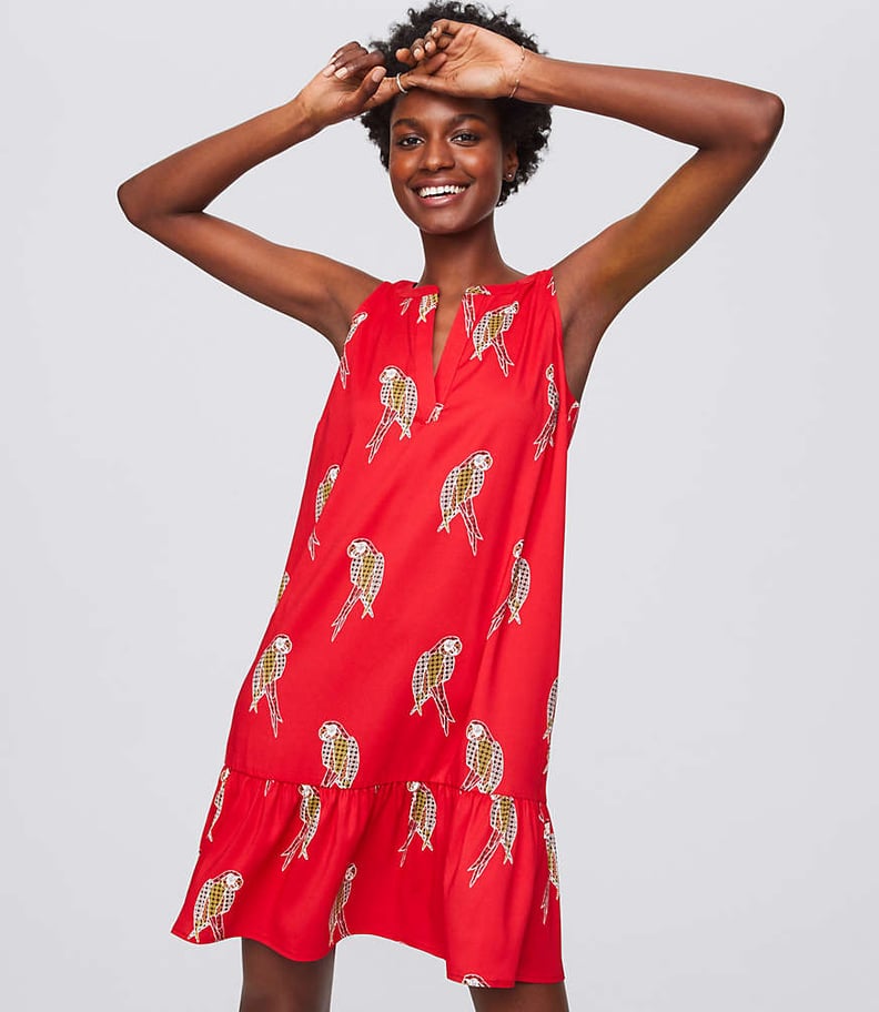 LOFT Parrot Split Neck Flippy Dress