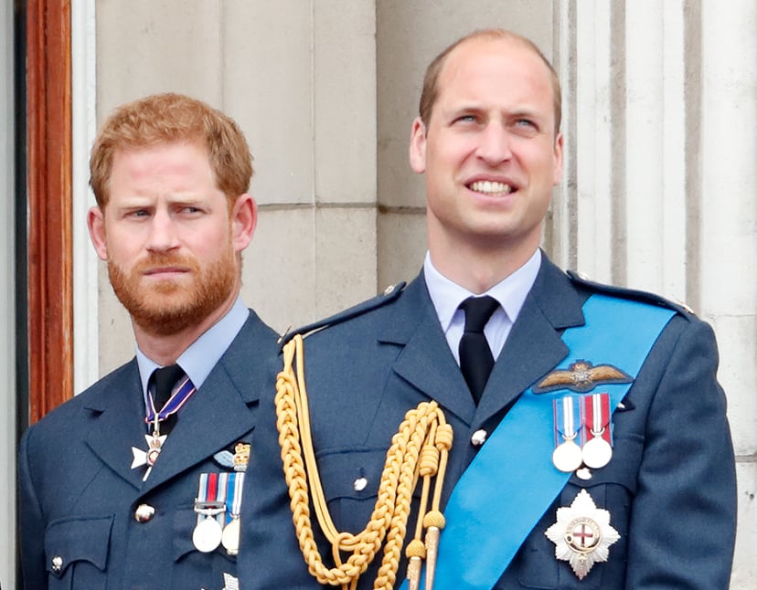 LONDON, UNITED KINGDOM - JULY 10: (EMBARGOED FOR PUBLICATION IN UK NEWSPAPERS UNTIL 24 HOURS AFTER CREATE DATE AND TIME) Prince Harry, Duke of Sussex and Prince William, Duke of Cambridge watch a flypast to mark the centenary of the Royal Air Force from t