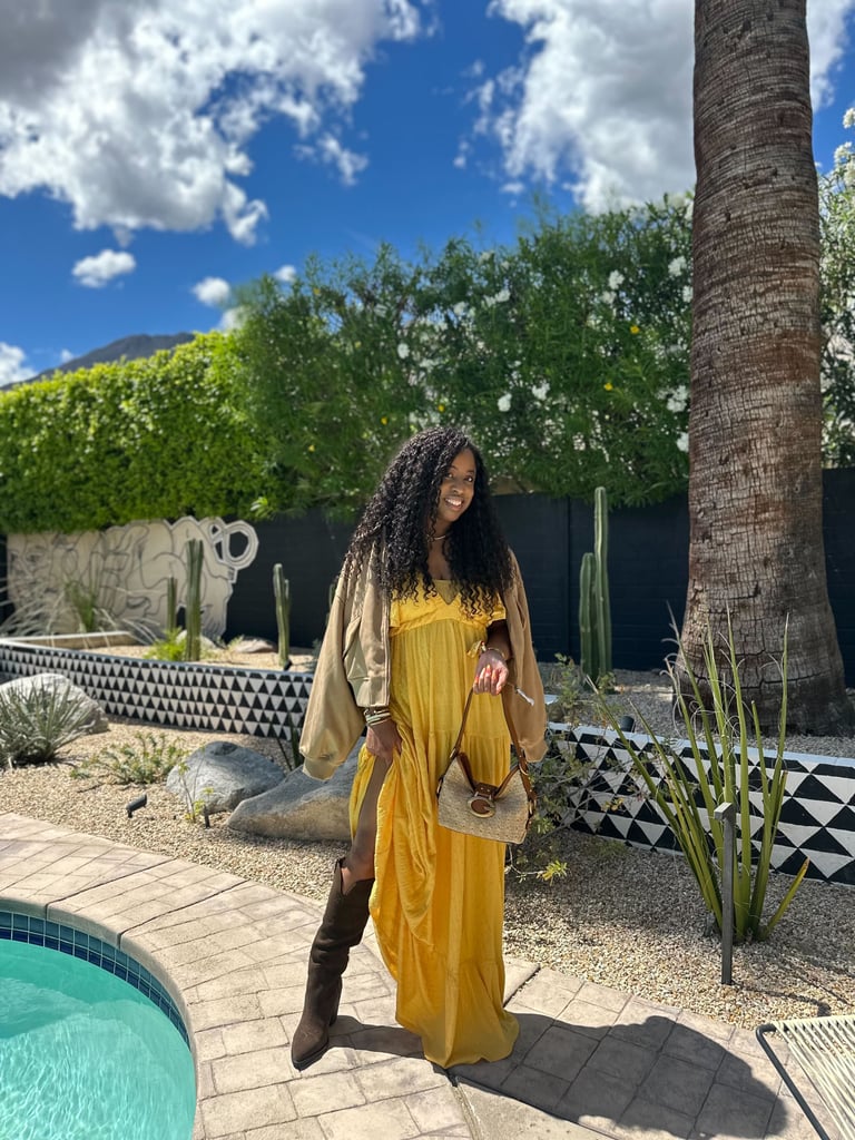 "My Guess jacket, boots, and bag were the perfect add-ons to bring my Coachella outfit together. They all felt on-trend without trying too hard: the boots gave a Western cowboy vibe, the straw bag added a tropical flair, and the jacket felt sporty and effortlessly cool. The best part? The pieces were also functional — from the spacious handbag to the comfy boots to the warm jacket for chilly nights in Palm Springs." — Jessica Andrews, senior style director
Outfit: GUESS JEANS Faux Suede Bomber Jacket ($158). Guess Sashan Suede Knee-High Boots ($249). Guess Camden Straw Mini Shoulder Bag ($108).