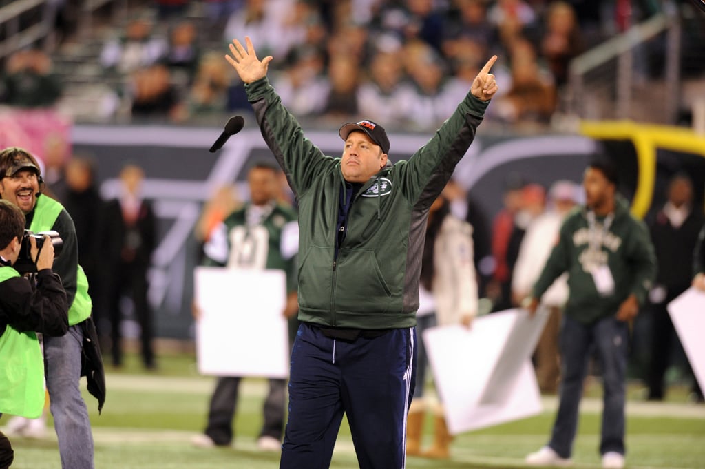 Kevin James got excited on the field at the NY Jets game in October 2012.