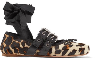 Miu Miu Lace-up Leather-trimmed Leopard-print Calf Hair Ballet Flats