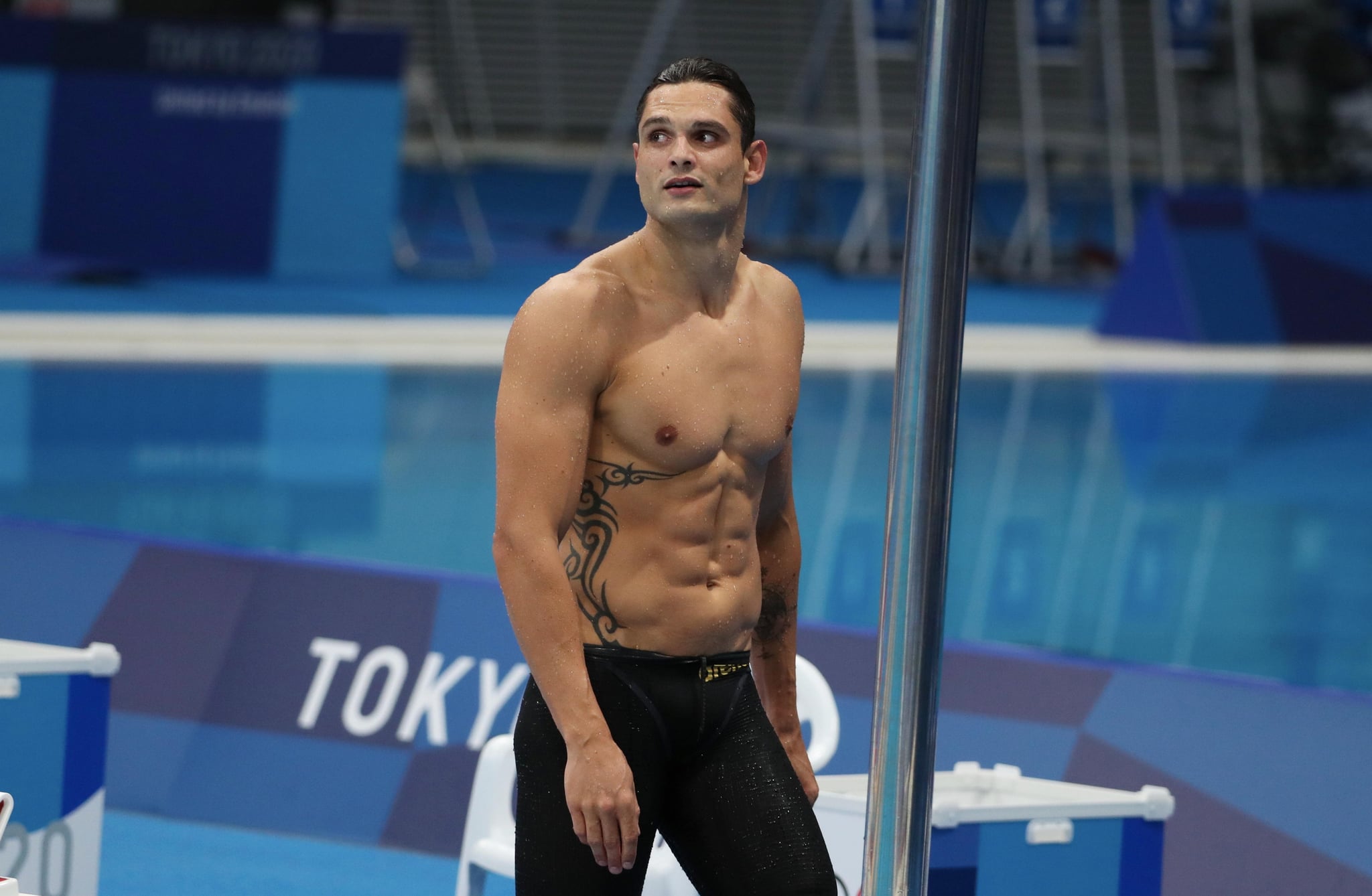 TOKYO, JAPAN - AUGUST 01: Florent Manaudou of Team France celebrate his second place in men's 50m freestyle final on day nine of the Tokyo 2020 Olympic Games at Tokyo Aquatics Centre on August 01, 2021 in Tokyo, Japan. (Photo by Xavier Laine/Getty Images)
